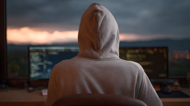 Anonymous figure in a hoodie works on computers with glowing code screens at twilight under stormy skies - Powered by Adobe
