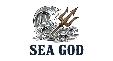 Dynamic Ocean Waves and Ancient Trident Vector Art with Sea God Typography Design