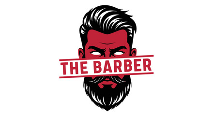 Modern Barbershop Logo Illustration Featuring Stylish Bearded Man Head with Red Face and Black