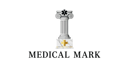 Medical Healthcare Column Logo with Asterisk and Cross Symbol on Marble Base Design