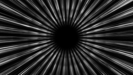 White radial light burst abstract with glowing streaks converging toward dark center on black background - Powered by Adobe