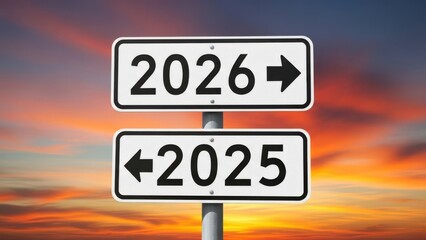 Road sign indicating the future year 2026 pointing right and the past year 2025 pointing left against a dramatic sunset sky background