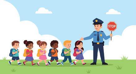 Fototapeta premium Happy school children walking in an orderly line with a friendly crossing guard holding a stop sign for safety.