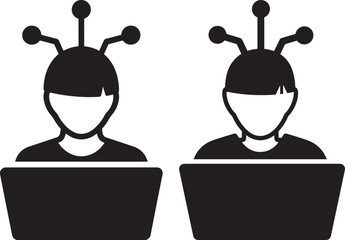 Two people with antennae using laptops silhouette