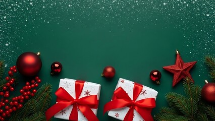 Festive christmas decorations and gifts on a green background with snowflakes