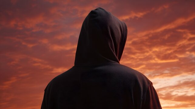 A hooded figure stands alone against a dramatic crimson sunset sky evoking a sense of mystery and solitude