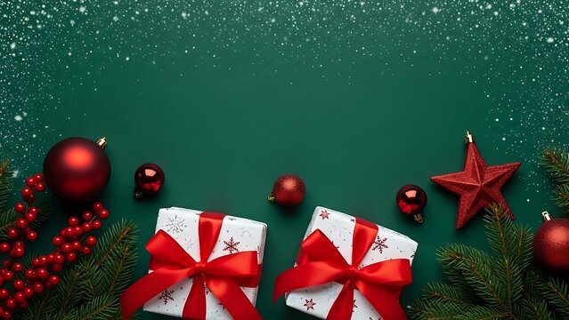 Festive christmas decorations and gifts on a green background with snowflakes
