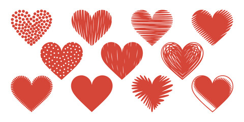 A collection of red heart shapes with various patterns on a white background art