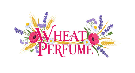 Naklejka premium Natural Botanical Perfume Logo Design Featuring Wheat Lavender Poppies and Daisies