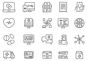 Collection of healthcare icon set. Containing treatment, medical, health,  illness, injury, diagnosis, report and more. Outline icon in linear style. Vector illustration.