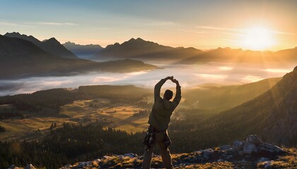 Epic wide shot of man at sunrise summit high resolution photo