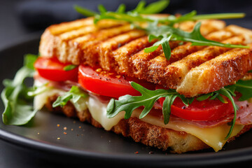 Gourmet toasted sandwich with melted cheese, fresh tomato slices, leafy greens, and deli ham stacked between crispy grilled bread on a black plate