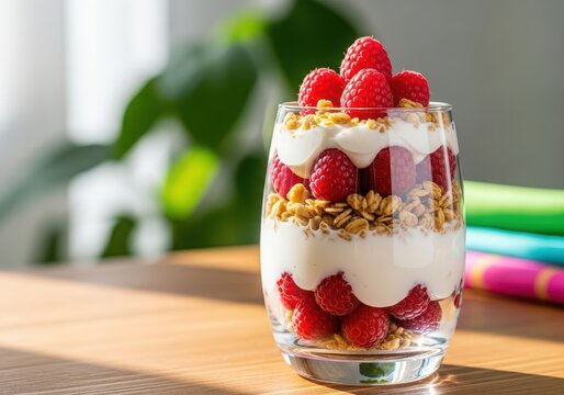 Raspberry yogurt parfait with granola layers in a glass, healthy breakfast - Powered by Adobe