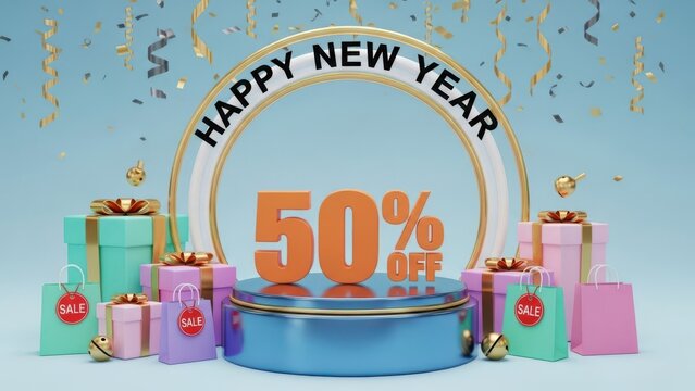 3d rendering of happy new year celebration with 50 percent off sale promotion surrounded by gift box and confetti against light blue background - Powered by Adobe