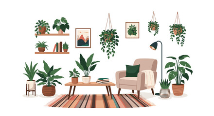 Obraz premium Cozy room interior with an armchair coffee table and many potted and hanging green plants creating a fresh atmosphere.