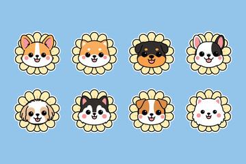 Cute dog faces in sunflower costumes cartoon collection, vector illustration