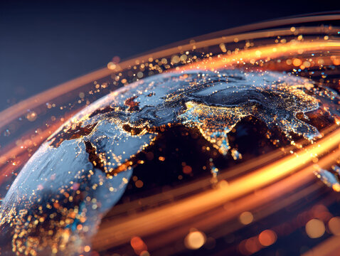 Illuminated digital globe focusing on Asia with dynamic golden light trails symbolizing global connectivity and advanced technology across continents at night