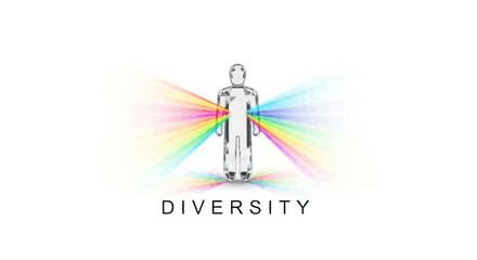 Crystal human figure radiating rainbow light with DIVERSITY text, symbolizing global unity