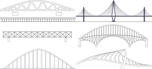 Bridge engineering sketches collection, structural design drawings, arch bridge, truss bridge, suspension bridge, cable-stayed bridge, infrastructure blueprint set, vector outline illustration © Hasem Creative