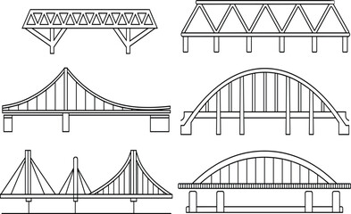 Bridge engineering outline set, truss, arch, suspension, cable-stayed bridges blueprint sketches, structural infrastructure vector illustration collection, civil engineering design drawings