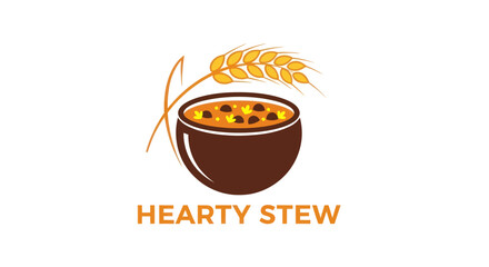 Delicious hearty stew bowl with golden wheat grains logo design for nutritious meals