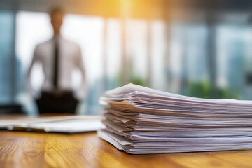 Stack of paperwork piled high on a wooden desk in a modern office with a blurred businessman standing in the background near large windows and natural light