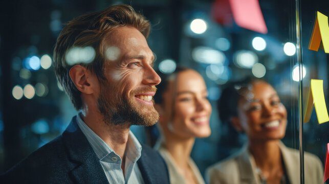 Diverse coworkers smiling and collaborating around sticky notes on glass wall during creative brainstorming session in modern office at night