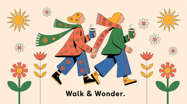Retro vibe friends walking with coffee on a sunny day, spreading joy and embracing the warmth of friendship with colorful floral aesthetics and a touch of playful nostalgia