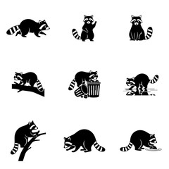 set of raccoon silhouette vector design, dog, set, vector, cat, bear, animals, icon, illustration, lion, pet, baby, collection, cute, tiger, zoo, elephant, fox, rabbit, funny, wild, character, fun