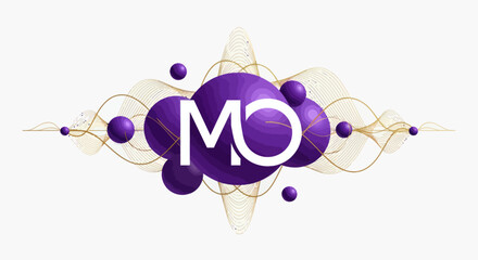 Modern MO monogram with abstract purple spheres and elegant golden wave lines dynamic design