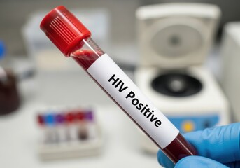 Fototapeta premium Closeup of a gloved hand holding a blood sample test tube labeled hiv positive in a laboratory setting with medical equipment in the background