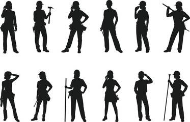 Construction worker silhouettes collection holding hammer, shovel, saw, level tool, blueprint and equipment, builders industrial service icons isolated on white background, vector pack