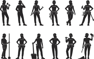 Construction worker silhouette icons, builders holding hammer, shovel, saw and work tools, tool belt gear shadows collection, industrial labor workforce vector set isolated white, SEO.