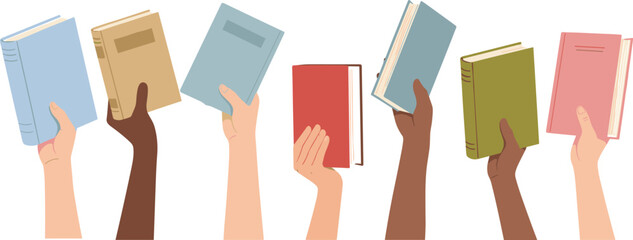 Diverse hands holding books vector set, education concept, multicultural readers, learning symbol, library design, academic study illustration, knowledge diversity artwork, student reading collection