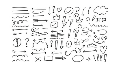 Assorted Hand Drawn Doodle Icons and Symbols Keywords: doodle, hand drawn, arrow, exclamation