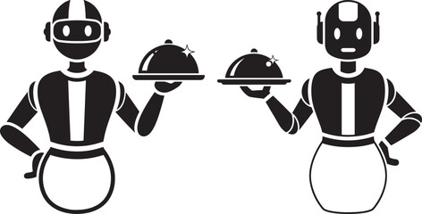 Two robots serving food silhouette