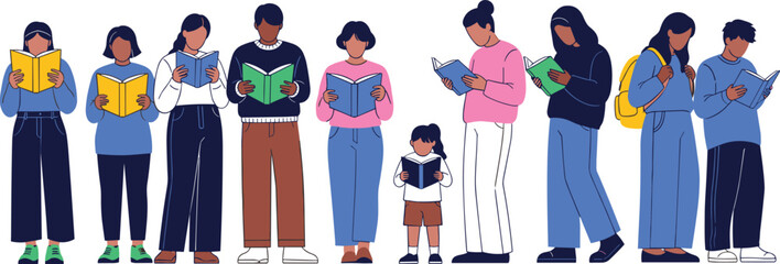 Diverse students reading books group, education illustration, library study concept, multicultural learners, children reading, academic research artwork, youth learning vector art