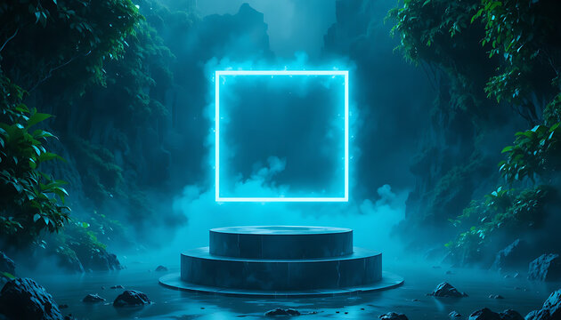 Mysterious glowing blue neon portal hovering above ancient stone pedestal in a dark misty forest