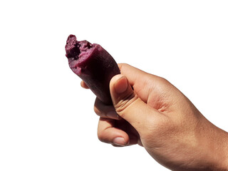 Obraz premium Holding a purple sweet potato in hand, isolated on PNG background.