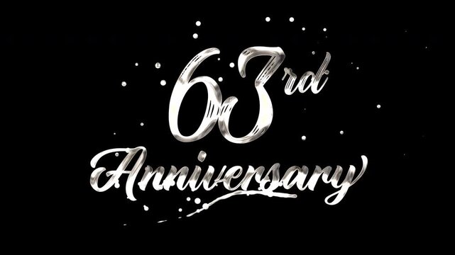 63rd anniversary text animation in silver metallic effect. suitable for celebrating special occasions, invitations, anniversary cards and social media. Includes alpha channel for any background.