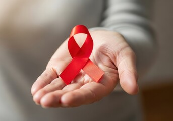 Person holding a red awareness ribbon in the palm of their hand, symbolizing support and solidarity for a cause