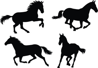 Horse silhouettes set, wild stallion vector collection, running, galloping poses, mane and tail motion, equestrian design, black isolated icons, farm animal bundle, white background