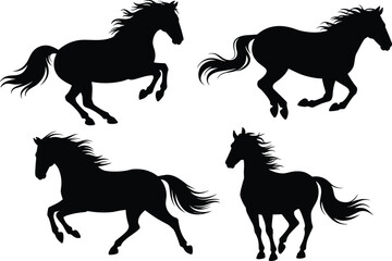 Horse silhouettes, running gallop poses, wild equine movement, majestic stallion shapes, ranch farm animal vector art collection isolated on white background.