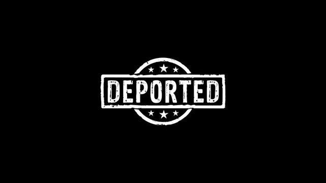 Deported stamp and hand stamping impact isolated animation. Illegal migration 3D concept. Alpha matte channel.