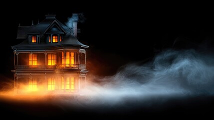 Eerie Victorian house glows with spooky light on foggy night, perfect for Halloween