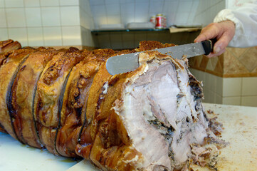 Porchetta d iAriccia  is typical food of Rome area and is a succulent, boneless Italian pork roast.