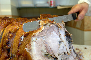 Porchetta d iAriccia  is typical food of Rome area and is a succulent, boneless Italian pork roast.