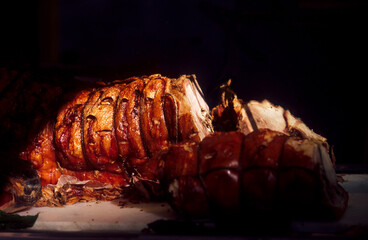 Roast porchetta is a typical Italian food made with pork roasted with spices in the oven