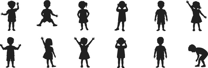 Kids silhouettes set, children pose outlines, playful jumping, standing, hands up celebration gestures, childhood activity bundle, minimal black shadow figures, isolated white vector design asset