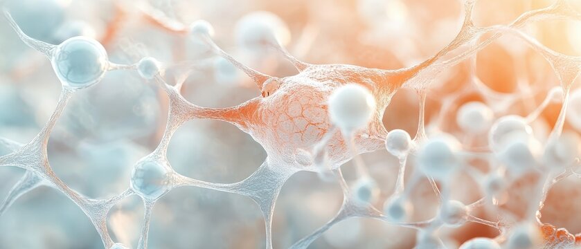 Abstract microscopic structure with glowing connections, cellular network, nanotechnology science, biological innovation, advanced research.